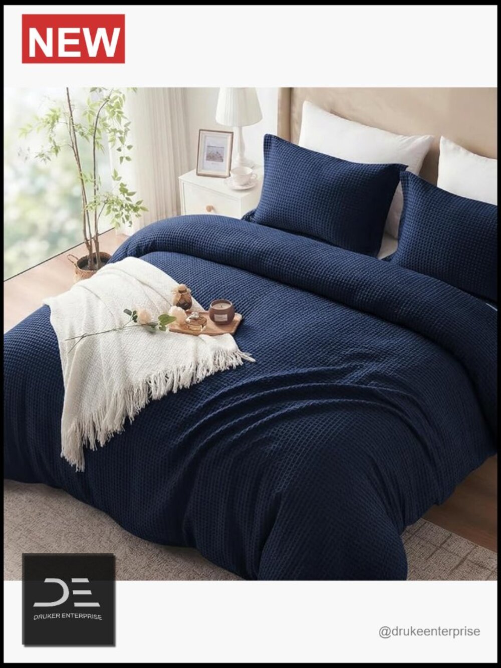 King Size Waffle Weave Cotton Duvet Cover Set - 3 Piece with Zipper Closure